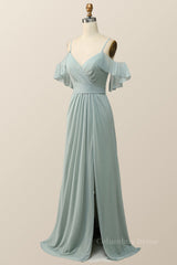 Prom Dress Long Quinceanera Dresses Tulle Formal Evening Gowns, Cold Sleeves Green Chiffon Pleated Long Bridesmaid Dress