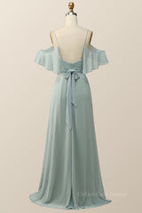 Prom Dresse Backless, Cold Sleeves Green Chiffon Pleated Long Bridesmaid Dress