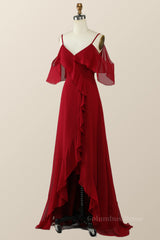 Fantasy Dress, Cold Sleeves Wine Red Ruffle Long Bridesmaid Dress