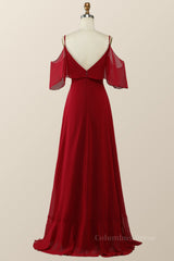 Party Dress Brown, Cold Sleeves Wine Red Ruffle Long Bridesmaid Dress