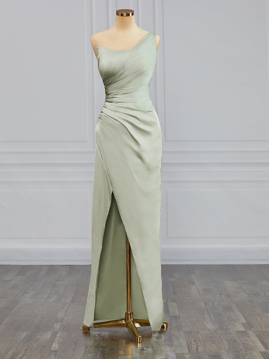 Prom Dress Beautiful, Column One-Shoulder Pleated Floor-Length Charmeuse Bridesmaid Dress