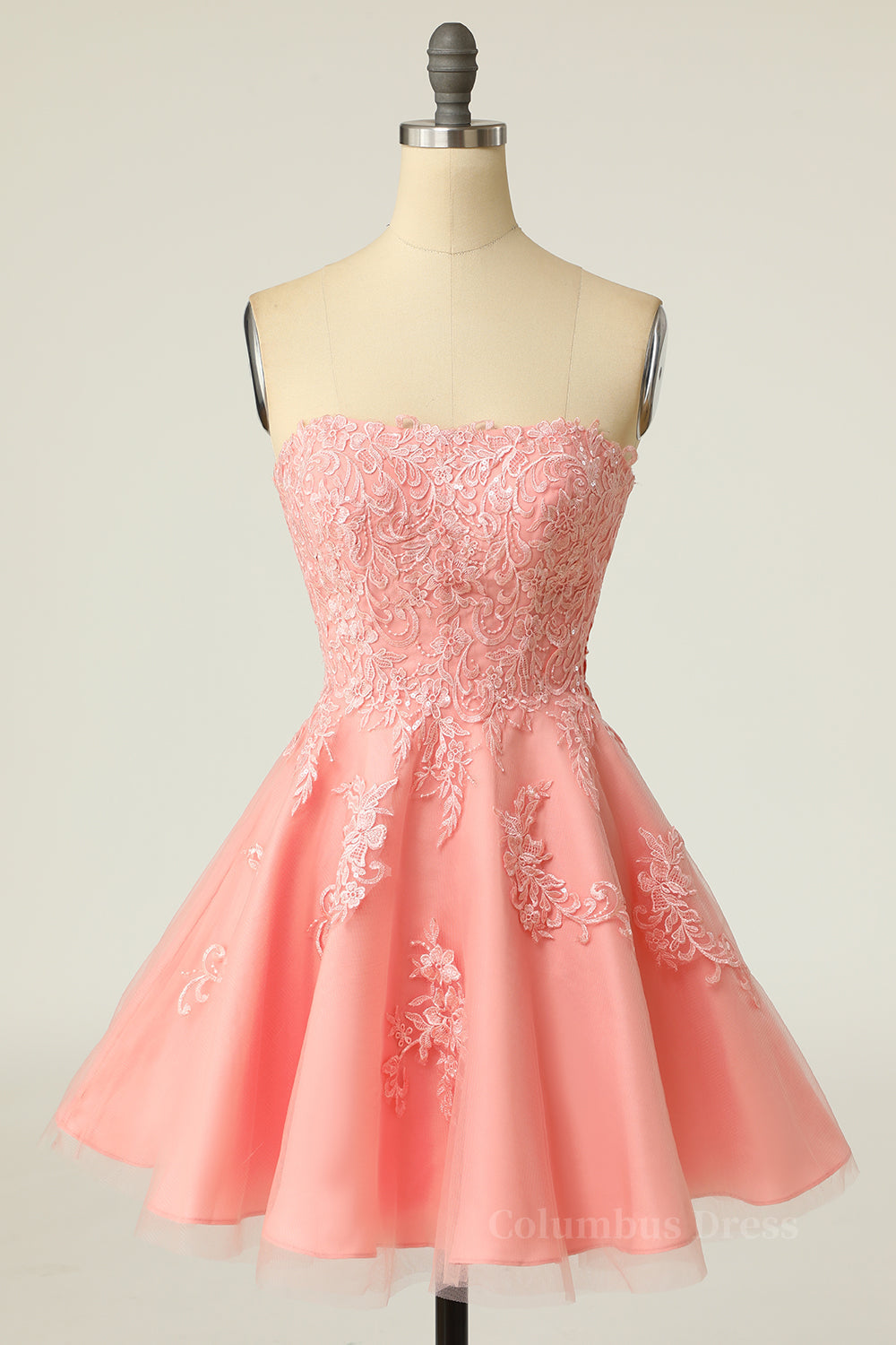 Bridesmaid Dress Style, Coral Strapless A-line Appliques Short Prom Dress