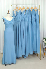 Bridesmaids Dress Colors, Cowl Neck Blue Chiffon Sheath Long Bridesmaid Dress