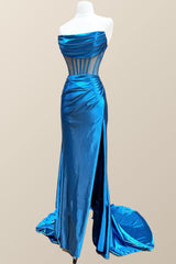 Prom Dresses 2043 Long, Ruched Cowl Neck Blue Satin Mermaid Formal Dress
