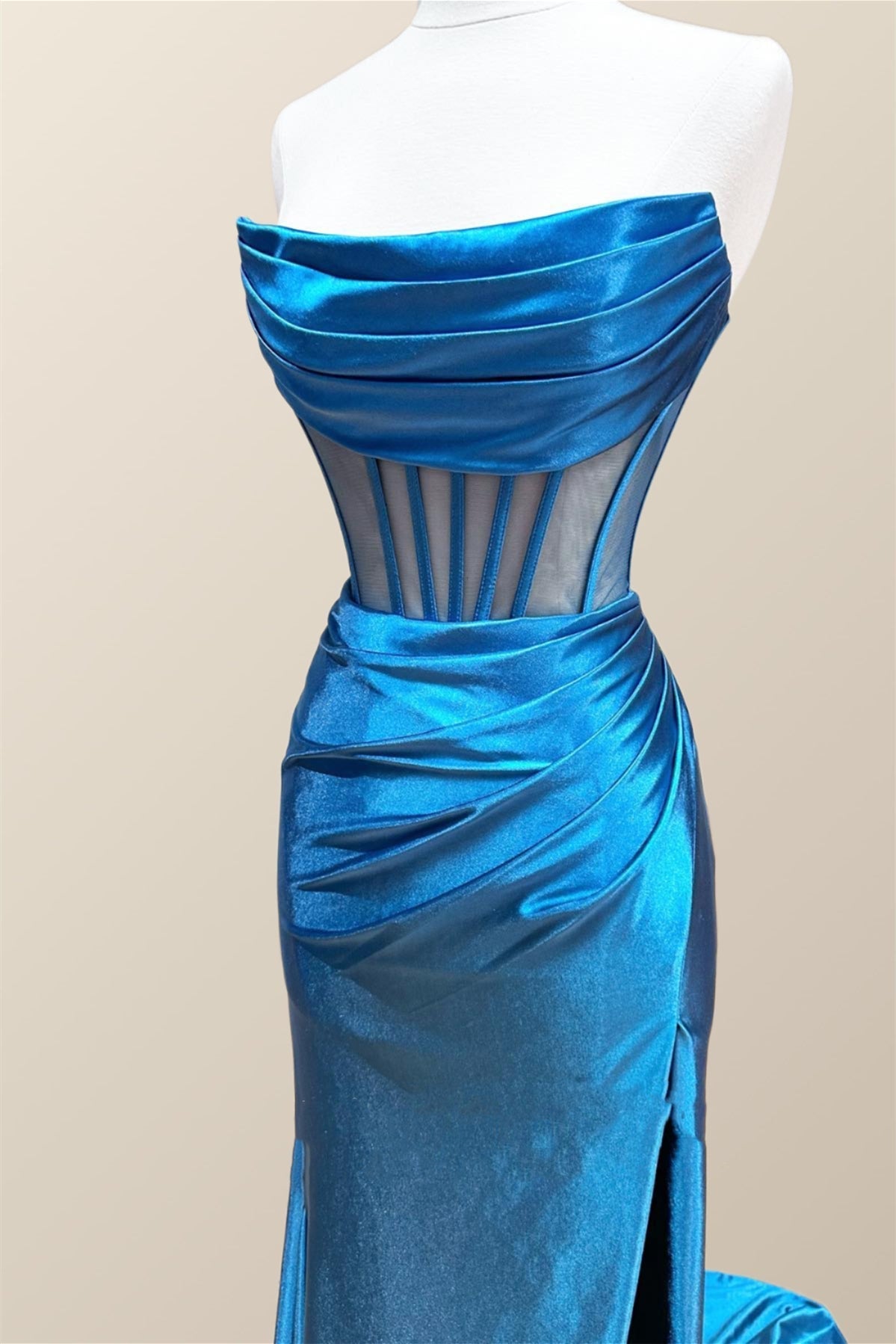 Prom Dresses Champagne, Ruched Cowl Neck Blue Satin Mermaid Formal Dress