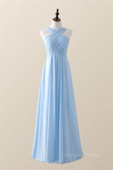 Homecoming Dresses Short Tight, Cross Front Light Sky Blue Chiffon Long Bridesmaid Dress