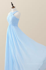 Homecoming Dresses Tight Short, Cross Front Light Sky Blue Chiffon Long Bridesmaid Dress