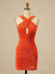 Party Dress Express, Cross Front Orange Sequin Tight Mini Dress
