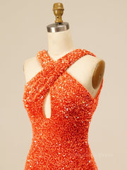 Party Dress And Style, Cross Front Orange Sequin Tight Mini Dress