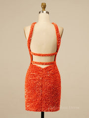 Party Dress Brands Usa, Cross Front Orange Sequin Tight Mini Dress
