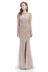 Evening Dresses On Sale, Crystal Beaded Mermaid High Slit Long Prom Dresses