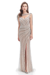 Evening Dresses Online, Crystal Beaded Mermaid High Slit Long Prom Dresses