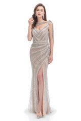 Evening Dresses Cheap, Crystal Beaded Mermaid High Slit Long Prom Dresses