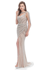 Evening Dress Elegant, Crystal Beaded Mermaid High Slit Long Prom Dresses
