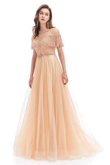 Dress To Impression, Crystal O-Neck Sleeveless A Line Tulle Prom Dresses