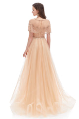 Wedding Dress Guest, Crystal O-Neck Sleeveless A Line Tulle Prom Dresses