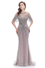Evening Dresses Elegant, Crystal Tassel Mermaid O Neck Short Sleeves Prom Dresses