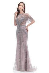 Evening Dresses Wholesale, Crystal Tassel Mermaid O Neck Short Sleeves Prom Dresses