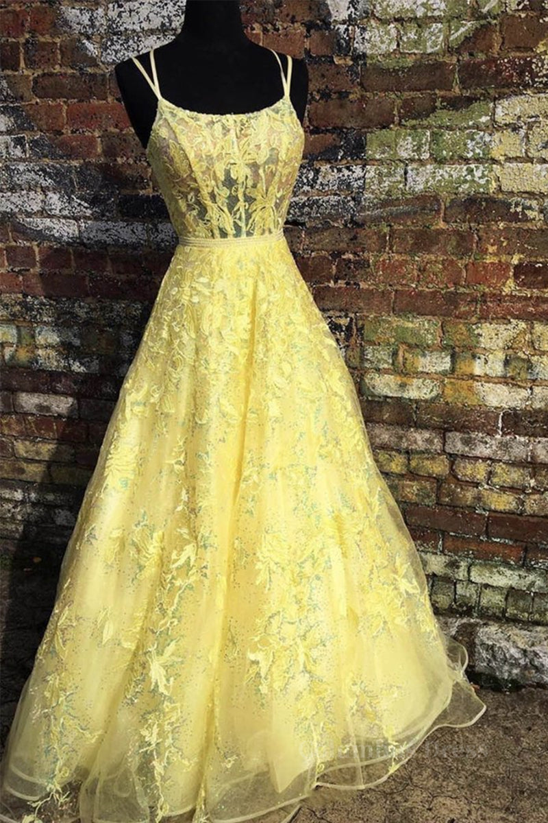 Evening Dress Shop, Custom Made Backless Yellow Lace Floral Long Prom Dress, Yellow Lace Formal Graduation Evening Dress