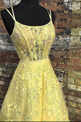 Evening Dress Ideas, Custom Made Backless Yellow Lace Floral Long Prom Dress, Yellow Lace Formal Graduation Evening Dress
