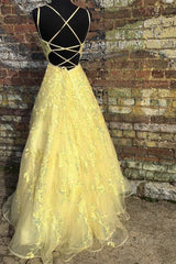 Evening Dresses Store, Custom Made Backless Yellow Lace Floral Long Prom Dress, Yellow Lace Formal Graduation Evening Dress