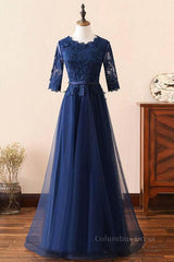 Evening Dresses For Over 55S, Custom Made Long Sleeves Navy Blue Lace Prom Dress, Long Sleeves Lace Bridesmaid Dress, Long Sleeves Navy Blue Lace Formal Graduation Evening Dress