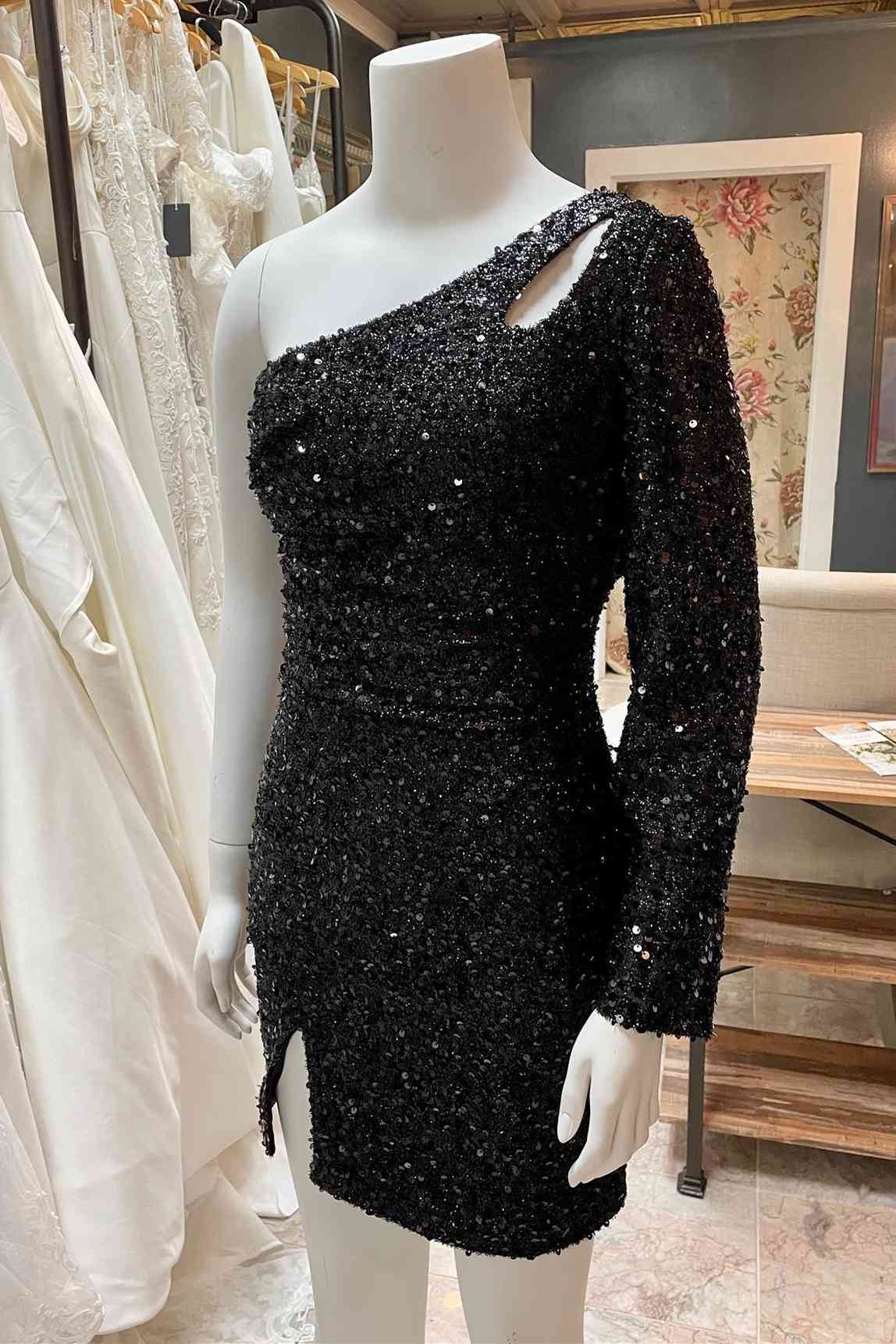 Homecoming Dress Stores, Cut Out Long Sleeve Black Sequins Tight Homecoming Dress Gala Dresses Short