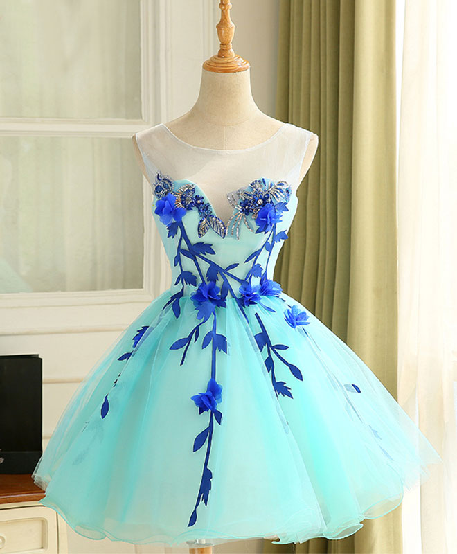 Evening Dress Long, Cute A Line Blue Tulle Mini/Short Prom Dress, Blue Homecoming Dress