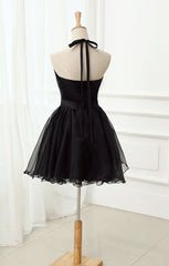 Party Dress Sleeves, Cute Black Tulle Halter Short Homecoming Dress, Black Prom Dress