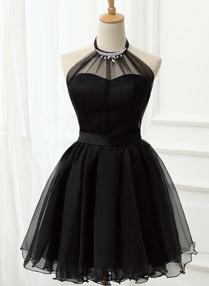 Party Dresses Summer Dresses 2030, Cute Black Tulle Halter Short Homecoming Dress, Black Prom Dress