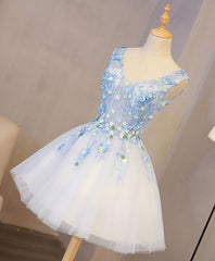 Homecoming Dress Style, Cute Blue Lace Applique Short Prom Dress, Homecoming Dress