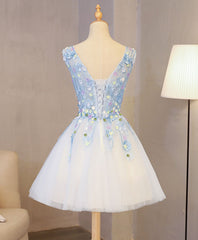Homecoming Dresses Style, Cute Blue Lace Applique Short Prom Dress, Homecoming Dress