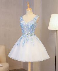Homecoming Dresses Styles, Cute Blue Lace Applique Short Prom Dress, Homecoming Dress