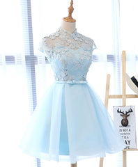 Evening Dress For Wedding, Cute Blue Lace Tulle Short Prom Dress. Cute Homecoming Dress