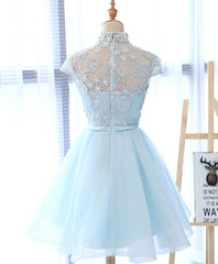 Evening Dresses For Wedding, Cute Blue Lace Tulle Short Prom Dress. Cute Homecoming Dress