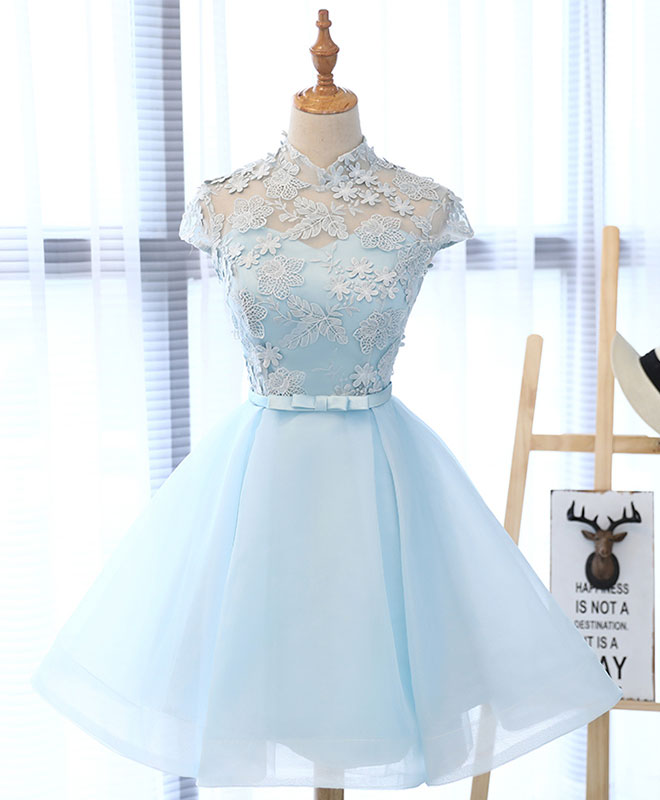 Evening Dress For Weddings, Cute Blue Lace Tulle Short Prom Dress. Cute Homecoming Dress