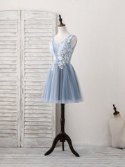 Dress, Cute Blue V Neck Tulle Lace Applique Short Prom Dress, Blue Homecoming Dress