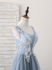 Prom Dress Yellow, Cute Blue V Neck Tulle Lace Applique Short Prom Dress, Blue Homecoming Dress