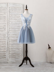 Prom Dresses Gold, Cute Blue V Neck Tulle Lace Applique Short Prom Dress, Blue Homecoming Dress
