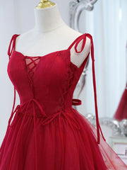 Formal Dress Cheap, Cute Burgundy Tulle Lace Short Prom Dress, Lace Burgundy Puffy Homecoming Dress