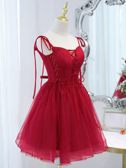Formal Dress Classy, Cute Burgundy Tulle Lace Short Prom Dress, Lace Burgundy Puffy Homecoming Dress