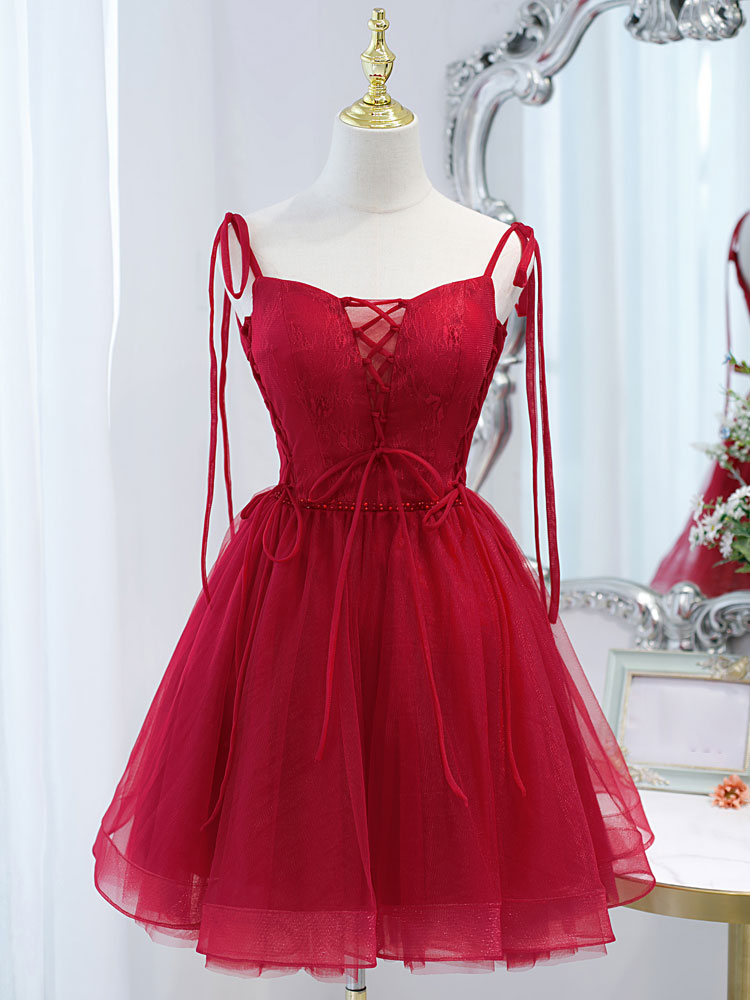 Formal Dress Places Near Me, Cute Burgundy Tulle Lace Short Prom Dress, Lace Burgundy Puffy Homecoming Dress