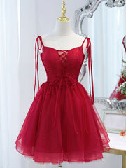 Formal Dress Places Near Me, Cute Burgundy Tulle Lace Short Prom Dress, Lace Burgundy Puffy Homecoming Dress