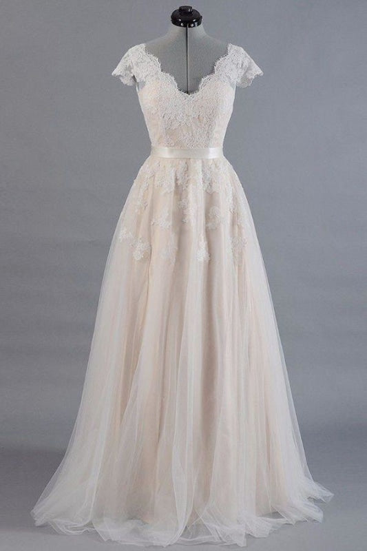 Wedding Dress For Bride, Cute Cap Sleeve V-neck Lace Tulle Wedding Dress