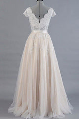 Wedding Dresses For Bride, Cute Cap Sleeve V-neck Lace Tulle Wedding Dress