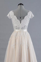 Wedding Dresses For Beach Wedding, Cute Cap Sleeve V-neck Lace Tulle Wedding Dress