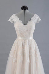 Wedding Dresses For Brides, Cute Cap Sleeve V-neck Lace Tulle Wedding Dress