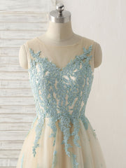 Formal Dress For Wedding Party, Cute Champagne Lace Long Prom Dress, A Line Tulle Bridesmaid Dress