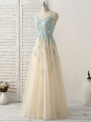 Formal Dress Floral, Cute Champagne Lace Long Prom Dress, A Line Tulle Bridesmaid Dress