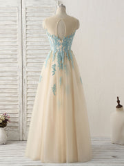 Formal Dresses Long Blue, Cute Champagne Lace Long Prom Dress, A Line Tulle Bridesmaid Dress